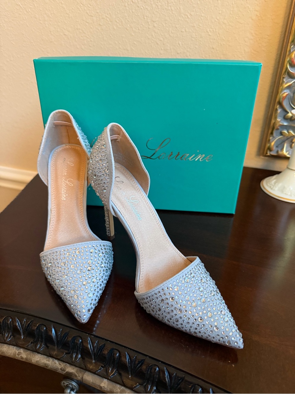 Lauren Lorraine Crystal-Embellished Pointed D'Orsay Pumps in Light Blue